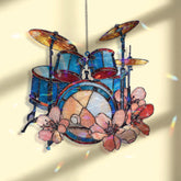 Drum Set Acrylic Suncatcher, Blue Music Instrument Window Hanging, Floral Rock Band Art, Musician Gift Acrylic Home Decor